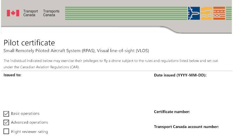 Transport Canada Pilot License Certificate